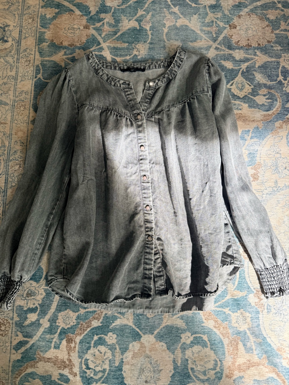 Washed Grey Denim Button-Up Top